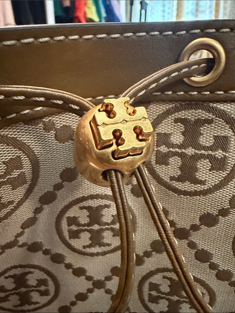 Tory Burch Hazel T Monogram  Canvas Tote with Leather Trim